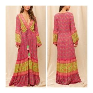 Raga Anthropologie Maxi Dress Pink Floral Long Sleeve V Neck New